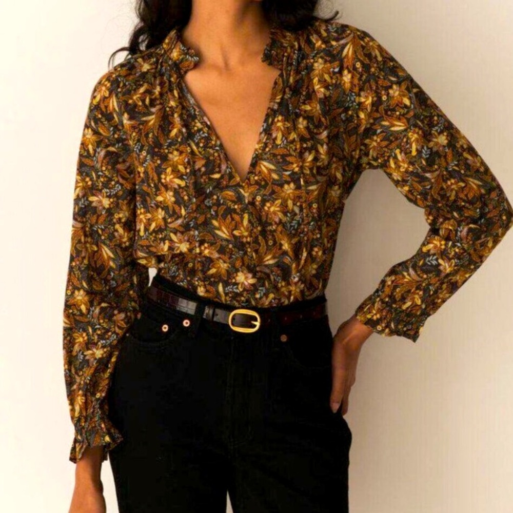 🎁Like New Doen Women's Juna Brown/Navy Multi Organic Floral Blouse- XXL/14